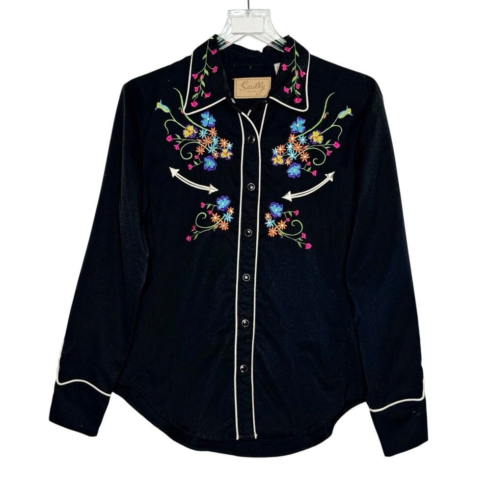 Scully Black Floral Embroidered Western Shirt M Rockabilly Pearl Snap Rodeo